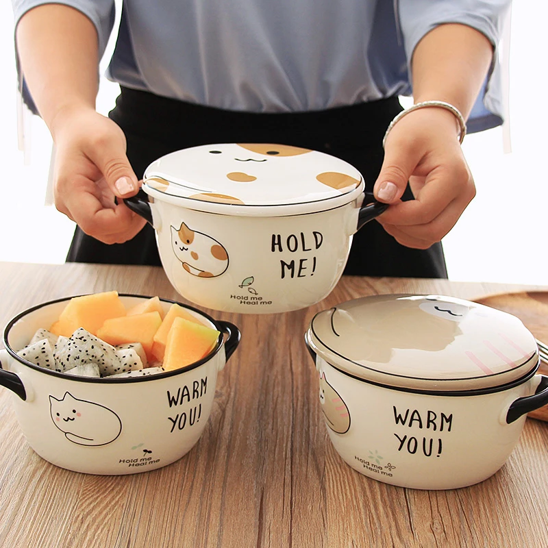 Cute Cat Pattern Ceramic Instant Noodle Bowl Fruit Salad with Lid Soup Anti-scalding Ramen Kitchen Tableware |