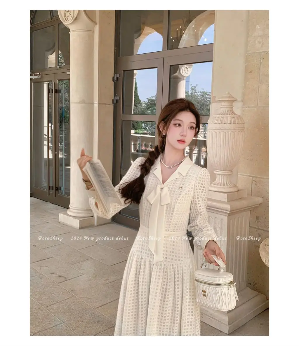Elegant Vintage Lapel Midi Dresses for Women Bow Long Sleeve Birthday Party Dress A-line Autumn New Korean Fashion Vestido Mujer