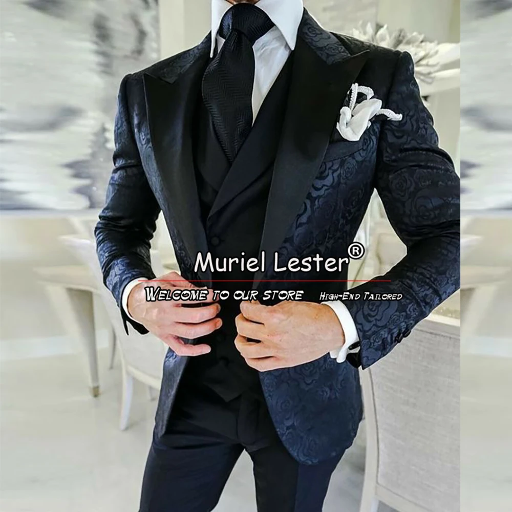 

Navy Blue Men Suits Fit Slim Groom Tuxedo Jacquard Jacket Vest Pants 3 Pieces Formal Banquet Party Prom Blazers Terno Masculino