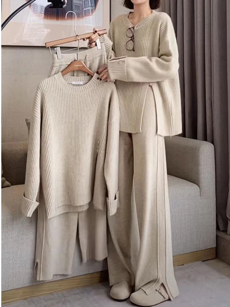 Women's Knitted 2-Piece Set Tracksuit Autumn Winter O-neck Pullover Sweater Wide Leg Pants Harajuku Warm Solid Casual Suit New