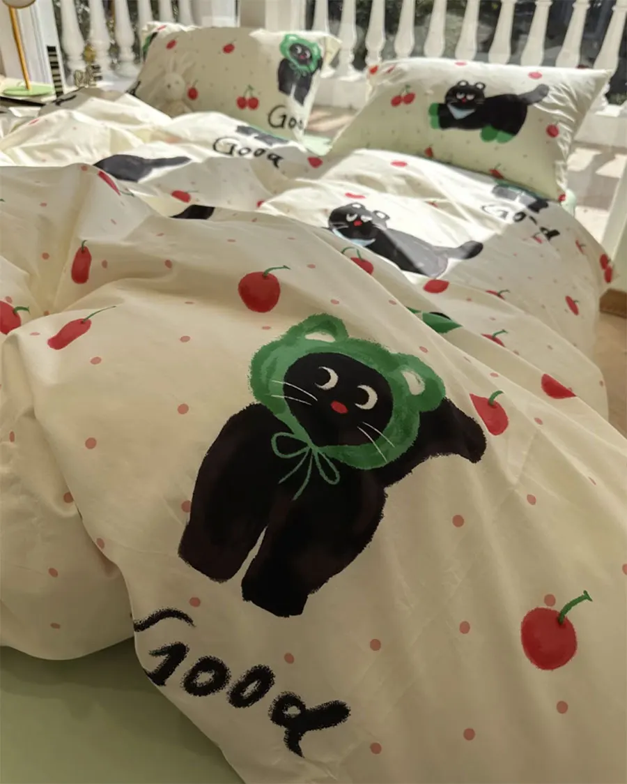 

Модный комплект постельного белья с изображением милого мультяшного кота вишни, двойной полный Королевский кавайный зеленый хлопковый домашний текстиль, простыня, подушка, пододеяльник