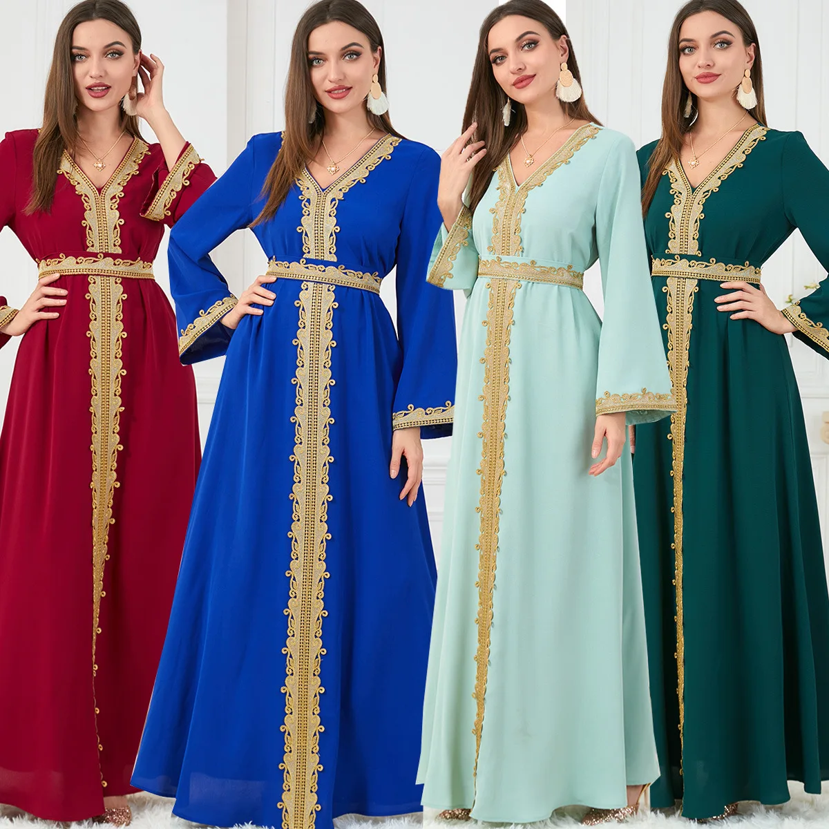 

Elegant Women's Dresses Casual Muslim Abayas Embroidery Vintage Dubai Turkey Abaya Guipure Lace Belted Kaftan Long Dress 2023
