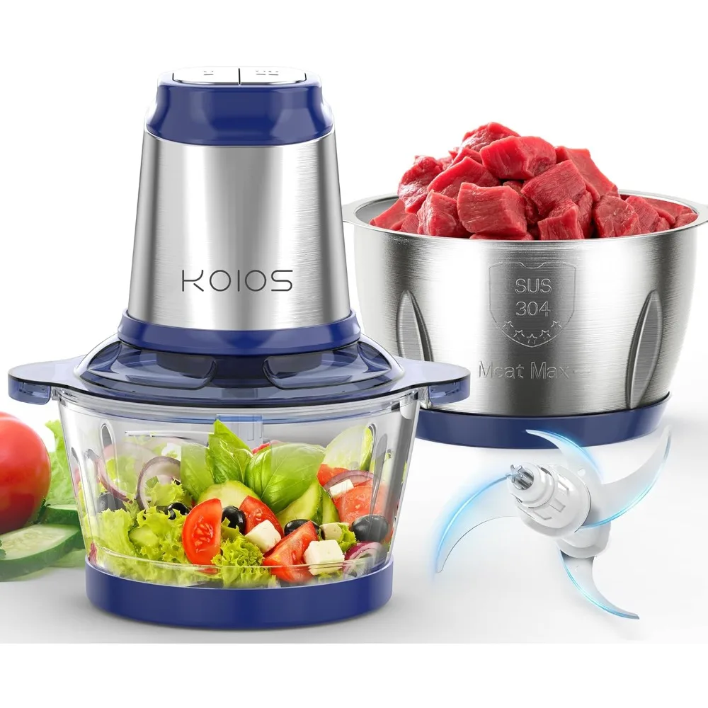 500W Powerful Electric Food Processor with 8 Cup Stainless Steel & Glass Bowls, 2 Speed Mode Electric Meat Grinder Chopper