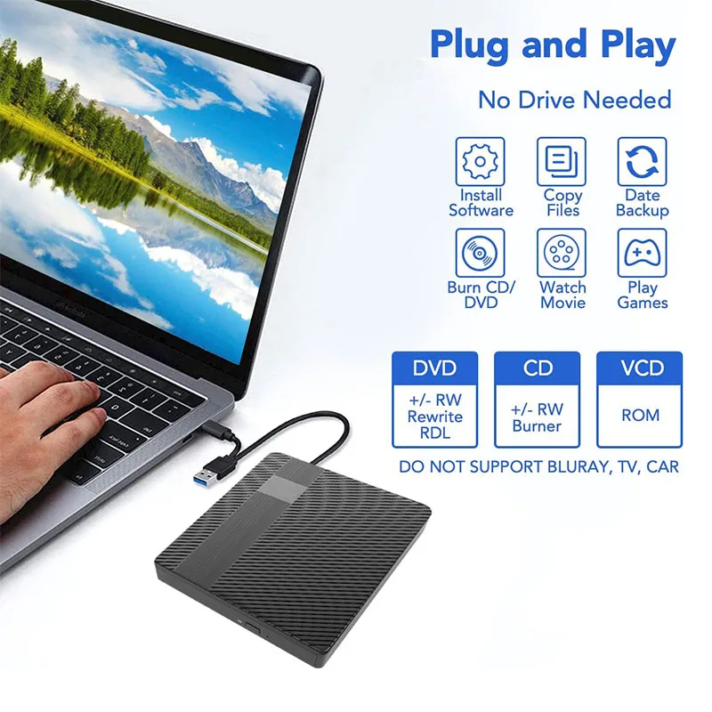 외장 DVD -/+ RW 광학 드라이브, USB 3.0 C 타입 CD 플레이어, 버너 라이터 리더, 노트북 PC, 윈도우 10, 11, 맥에 적합