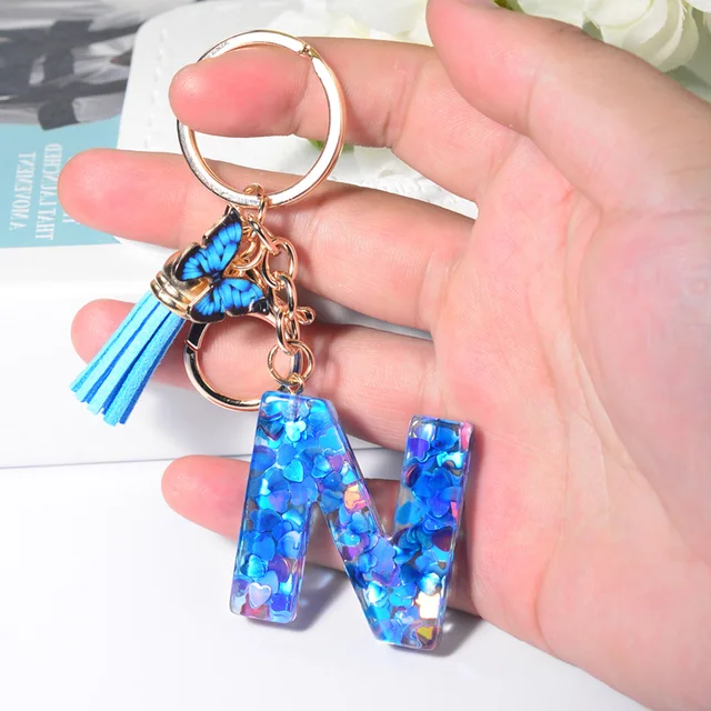 Meefisher Resin Alphabet Initial Keychain - Purple-Blue Letter With Tassel Butterfly, Medium, Gift For Purse Or Keys - View #3
