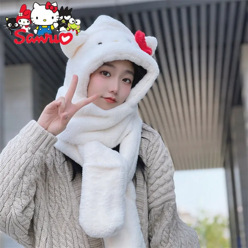 Sanrio Hello Kitty Cinnamoroll Plush Hat Scarf Glove 3-in-1 Set Winter Soft Anti-Cold Kawaii Keep Warm Hats Christmas Day Gift