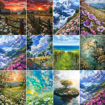 Quadro con numeri da dipingere su tela, disegno di montagna con fiori, per camera da letto, decorazione per la casa, pittura acrilica fai da te per adulti.