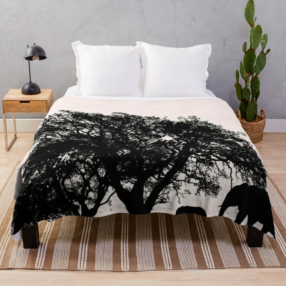 

Mama And Baby Elephant Walking On The Jungle Silhouette Throw Blanket Blankets For Sofa Softest Blanket Hairy Blankets