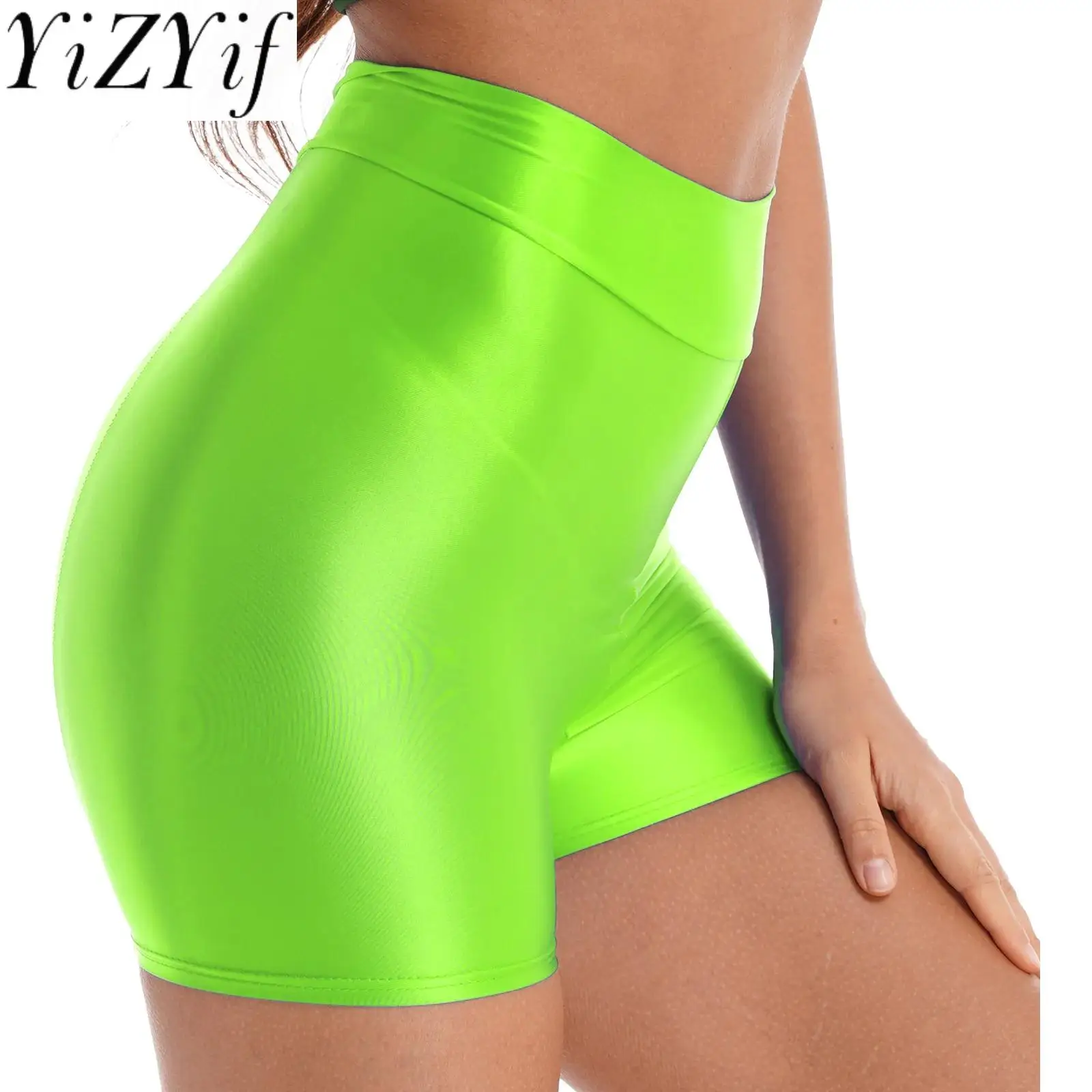 

Women Glossy Shorts Spandex Boyshort Leggings Seamless Tight Smooth Shiny Biker Shorts for Sports Gym Yoga Surfing Swimwear