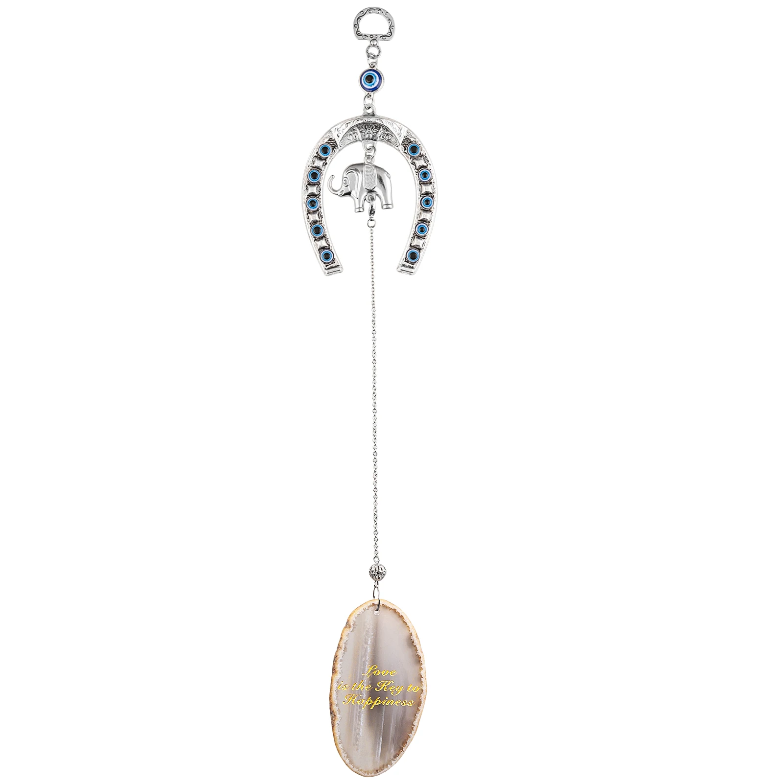 Engraved Agate Slice With Metal Elephant Evil Eye Hanging Ornaments Wind Chimes For Window Wall Door Home Decor