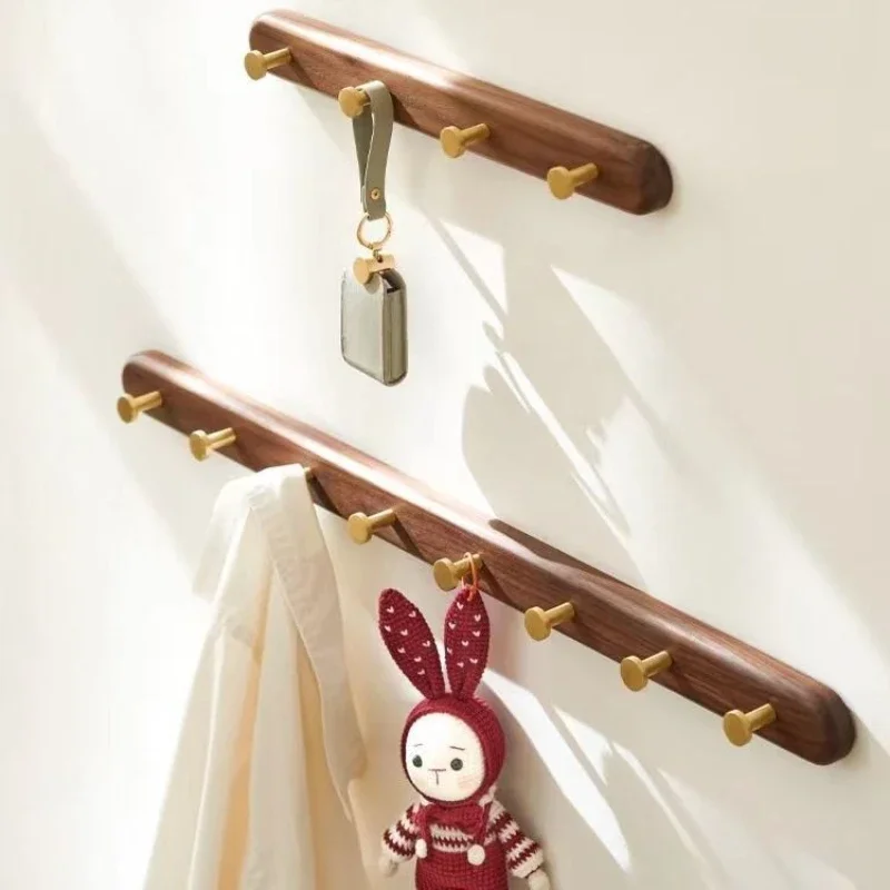Walnut Beech Solid Wood Brass Clothes Hook Entrance Foyer Coat Racks Wall Hanging Scarf Hats Keys Organizer Shelf Home Decor