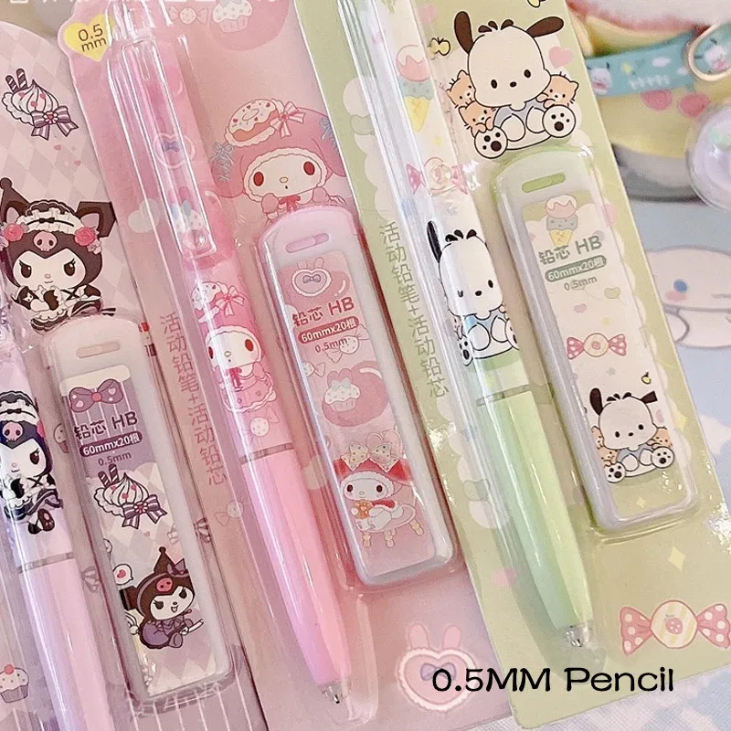 4Pcs/Set Writing Pencils Set Sanrio Melody Kuromi Cinnamoroll Pochacco Mechanical 0.5mm Press Office Students Stationery Kids Gifts
