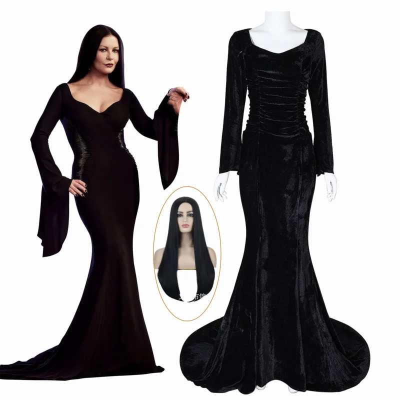 

Disfraz de Cosplay de Morticia para mujer, peluca negra Sexy ajustada, vestido de noche de fiesta para Halloween y Carnaval Cos