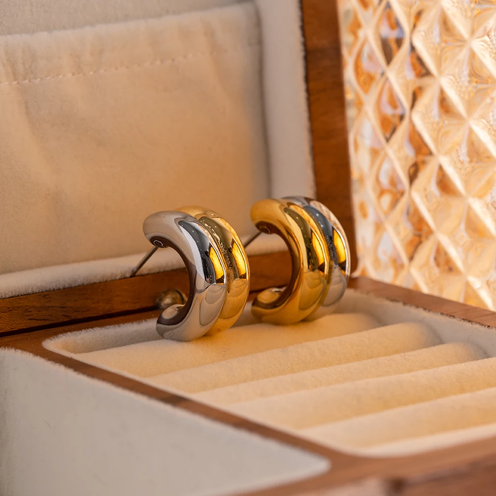 Gold&silver Mix Color Double Layer C Shape Stainless Steel Hoop Earrings Stainless Steel Huggie Ear Hoops Bicolor Punk Jewelry