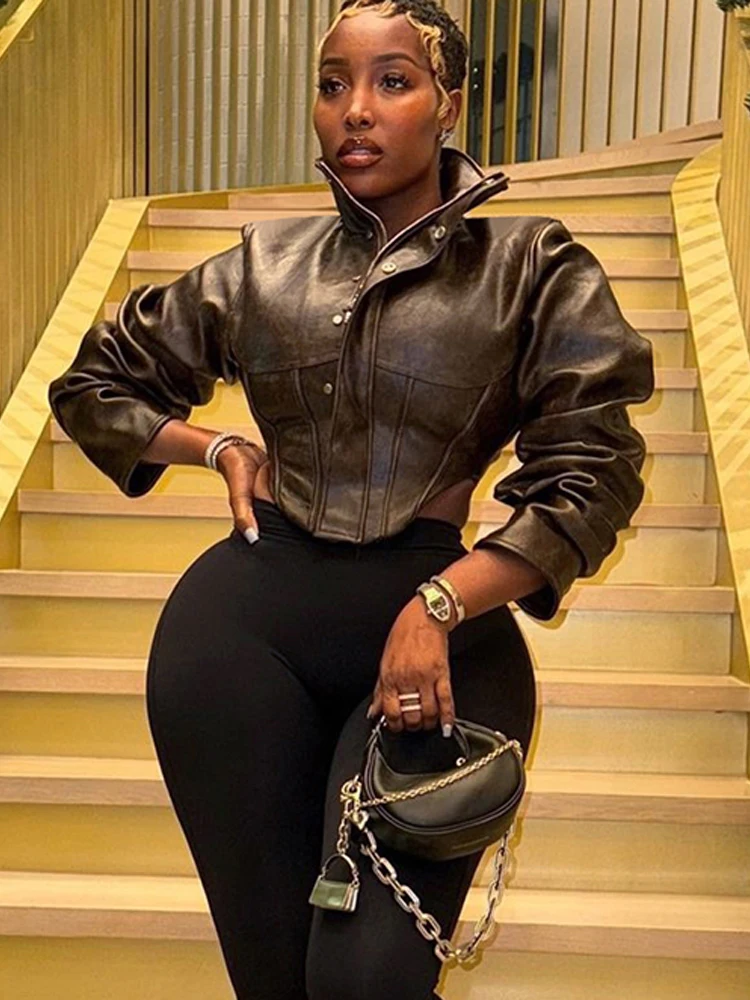 Nibber Hottie Crop Jacket Women Turtleneck Pu Irregular Zip Button Full Sleeve Wild Sexy Street Midnight Autumn Hipster Coat