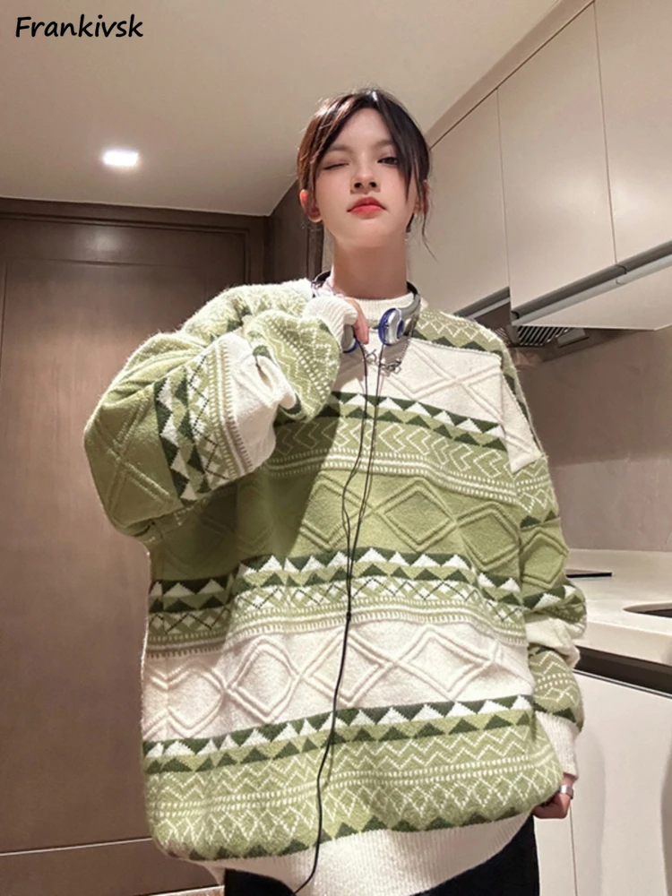 

Sweaters Women Contrast Color Wave Cut Striped Ladies Knitwear Autumn American Retro Slouchy All-match Hip Hop Pullovers Daily