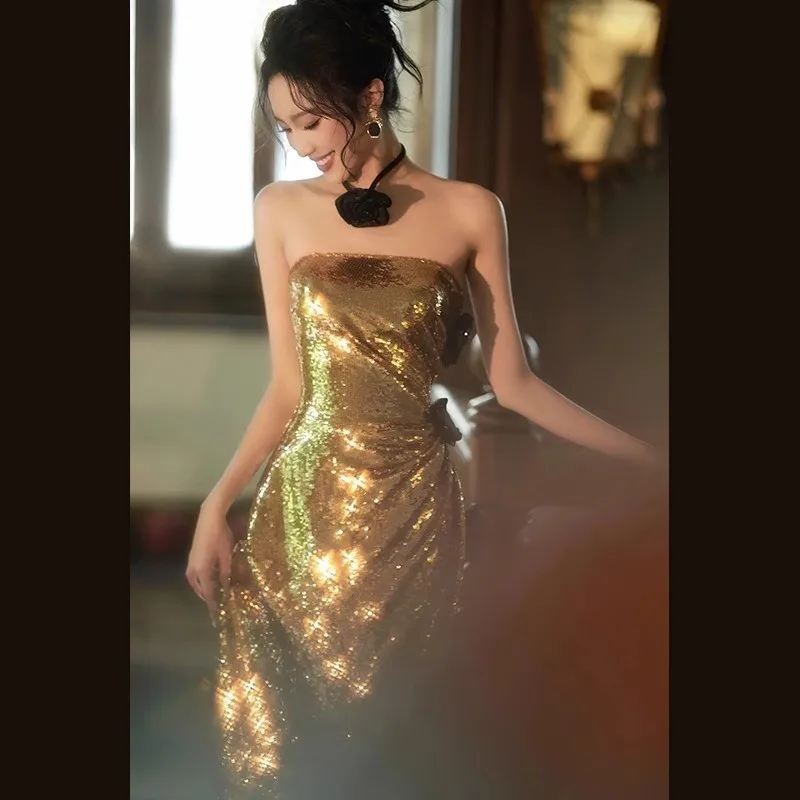 

Strapless Dress New Golden Sequined Fishtail Toast Clothing Banquet Host