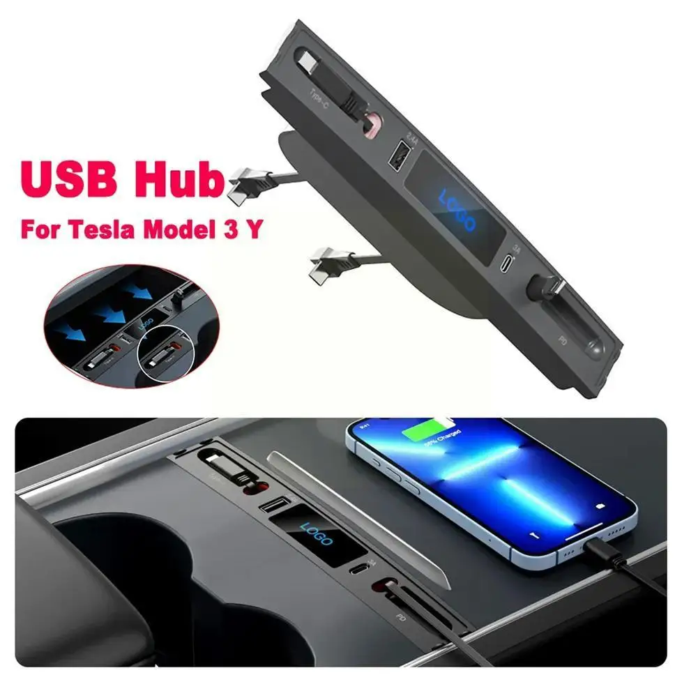 

Car Central Control Expansion Dock For Tesla Model 3 Y 27W Quick Charger LED Intelligent Docking Station 4 Ports USB Shunt B3B2