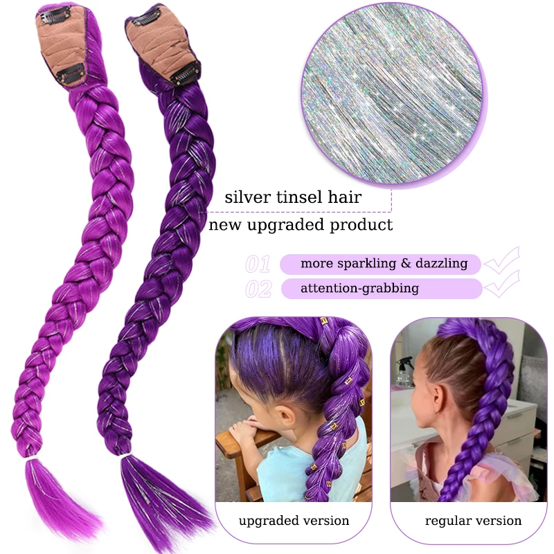 Purple Braided Hair Ponytail Extensions for Kids Shiny Purple Braids with Tinsel Hair for Kids Party Cosplay Use Purple Wig Hair