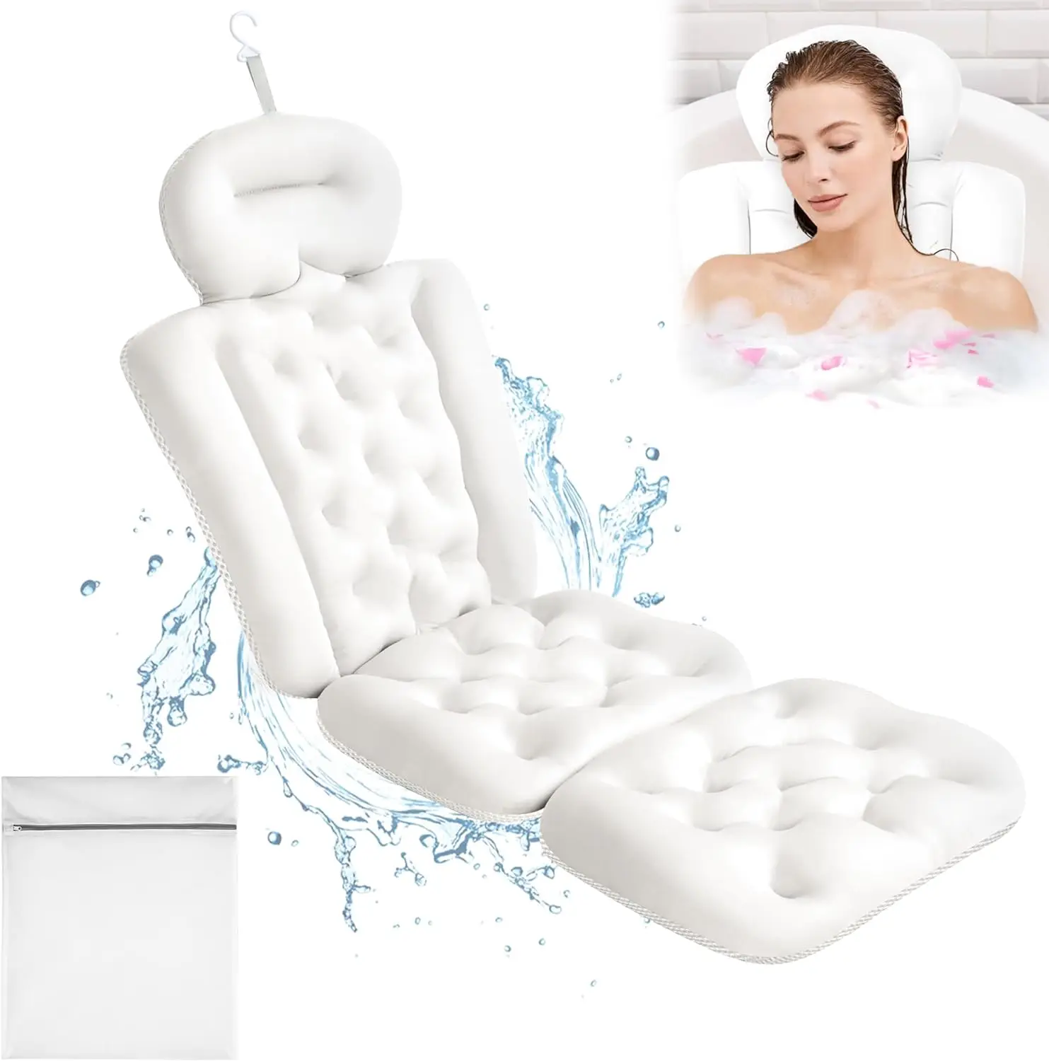 Bath Pillow Luxury Full Body Bathtub Shower Cushion with Mesh Laundry Bag Non-Slip Suction Cups Bathtub Mat