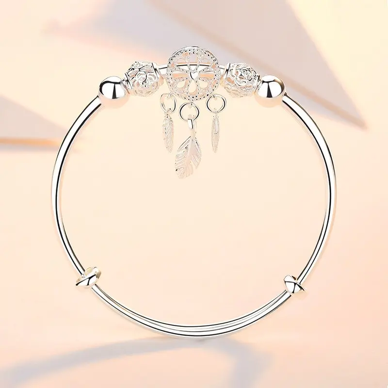 Silver Plated Bracelet Leaf Bracelet Silver Bracelet 1pcs Copper Alloy Ladies Cold Wind Dreamcatcher Leaves Tassel Turn Beads Jewelry