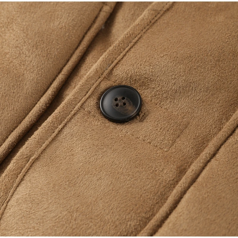 Wende-Lammfelljacke für Damen, Beige, Braun, zweiseitig, Stehkragen, Knopfverschluss, Taschenmantel, 2022, Herbst, Damen-Freizeitkleidung – Detail 7