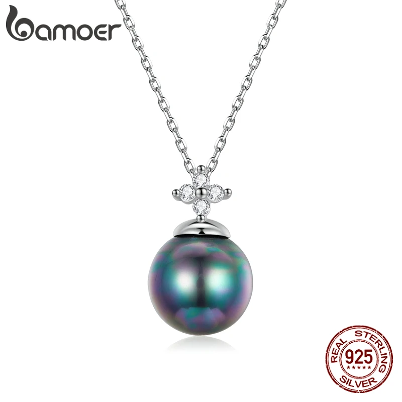 bamoer 925 Sterling Silver Elegant Black Pearl Charm Necklace Shell Pearl Zircon Chain Necklace for Women Fine Jewelry BSN226