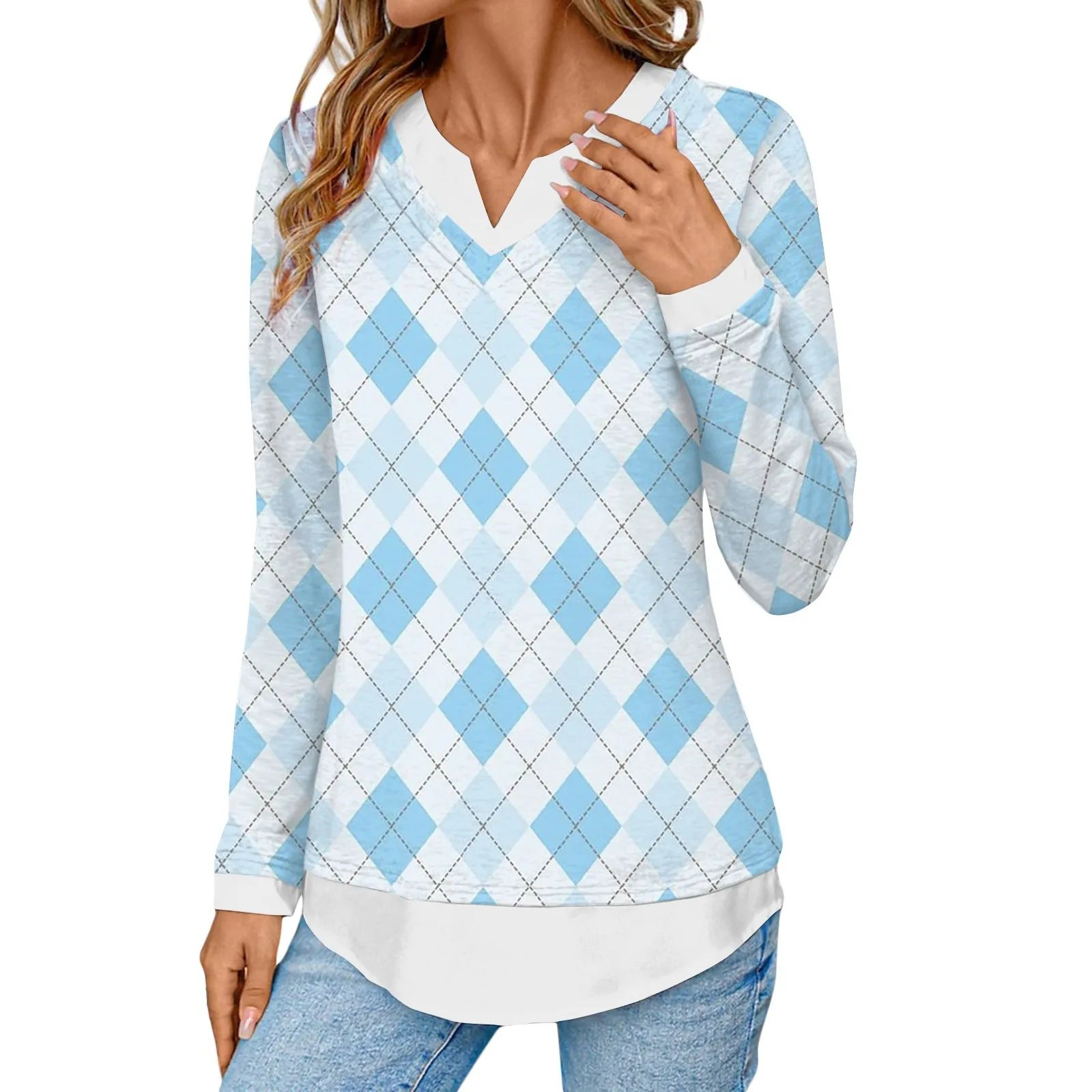 

Женский винтажный топ в клетку, многослойный топ с V-образным вырезом, Женская обычная футболка, женская модная блузка, футболка 2024
