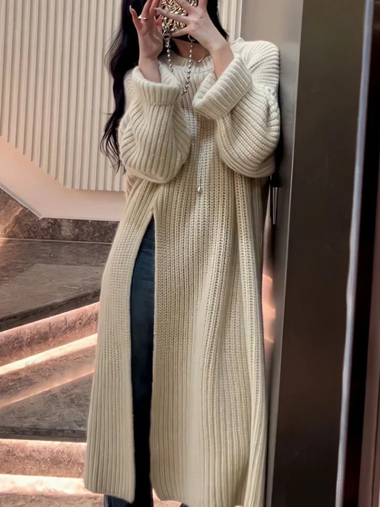 

Knitted Dresses Loose Women's Clothing Autumn Winter New in Long Dress Side Slit Pullover Sweater Y2k Dress Asymmetrical Robe