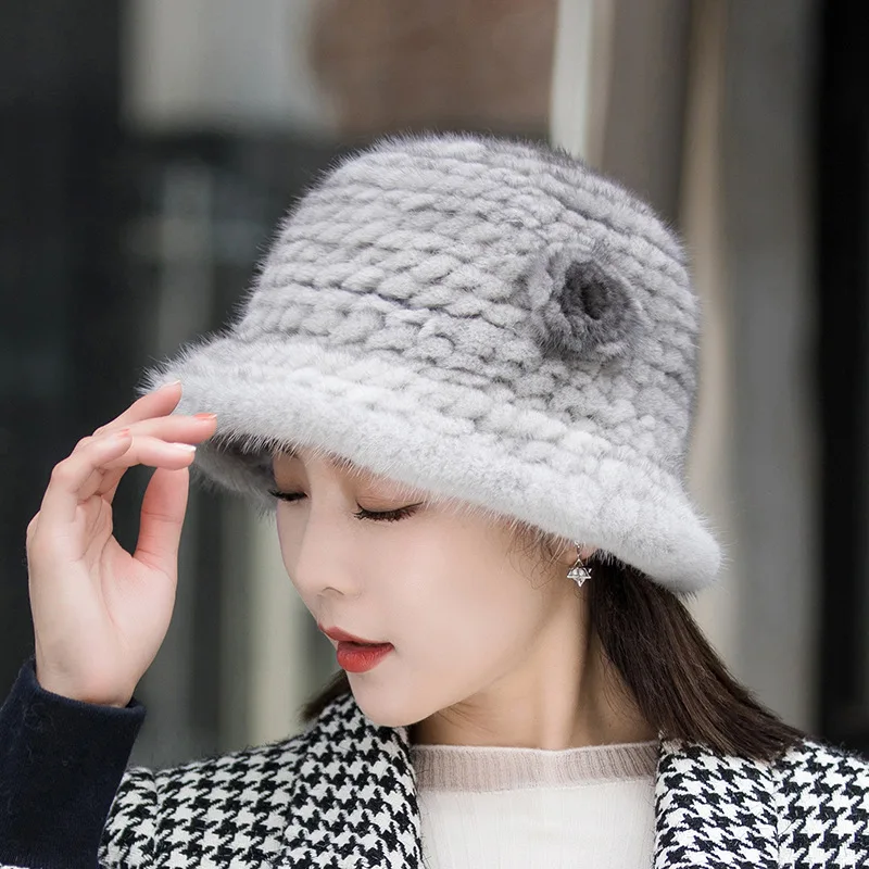 Women Hat Woman Hat Winter Solid Mink Caps With Flower Natural Mink Fur Hats New Russian Girl Soft Knitting Real Fur Bucket Hats Warm