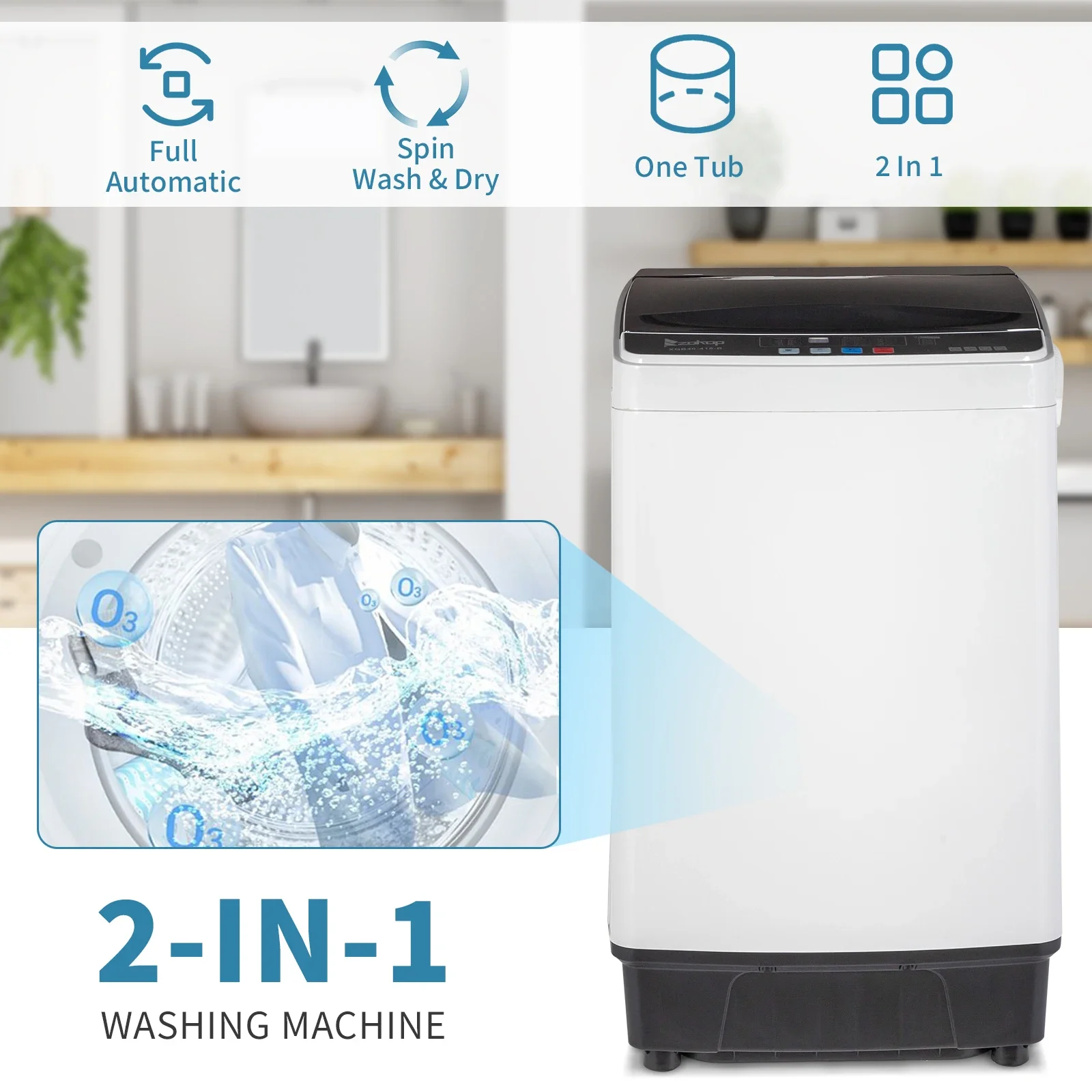Full-Automatic Top Load Portable Compact Laundry Washer, Spin with Drain Pump, 10 Programs, 8 Water Levels, LED Display. 6