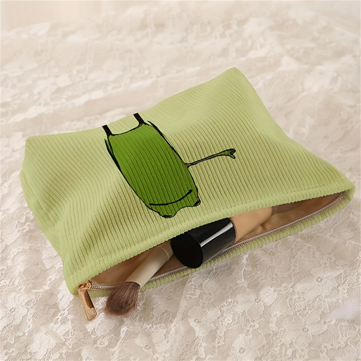1 frog patterned corduroy makeup bag, lightweight zipper makeup storage box, multifunctional bag with lining