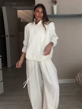 Solid Stand Collar Two Piece Set Long Sleeve Button Down Fit Shirt Ankle Tie Wide Leg Pants 2026 Spring Fashion Casual Outfit 1