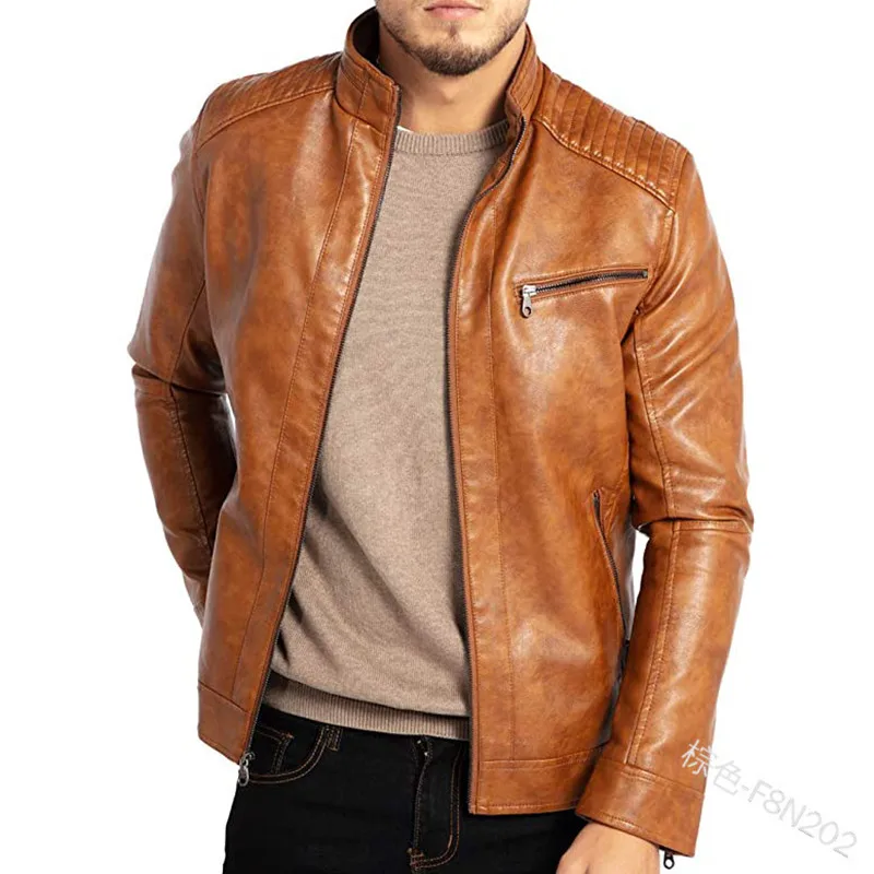 Men's PU Leather Jacket Stand-Up Collar Punk Motorcycle Style Fashion European American Teenagers Male Outerwear 5