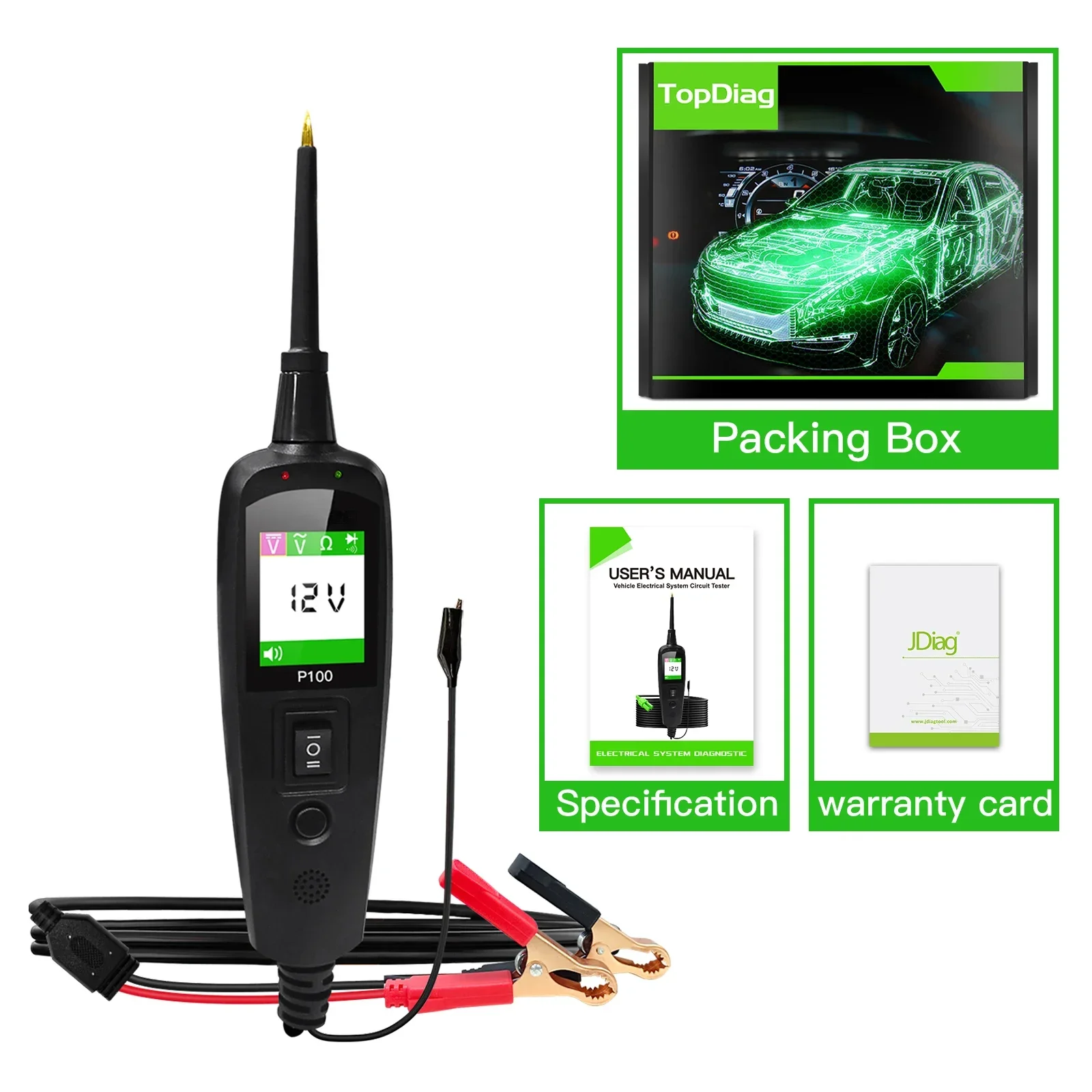 TopDiag P100 자동차 전기 회로 테스터, 자동차 전원 스캔 프로브 회로 키트, 12V 24V 배터리 테스터, 2m, 신제품