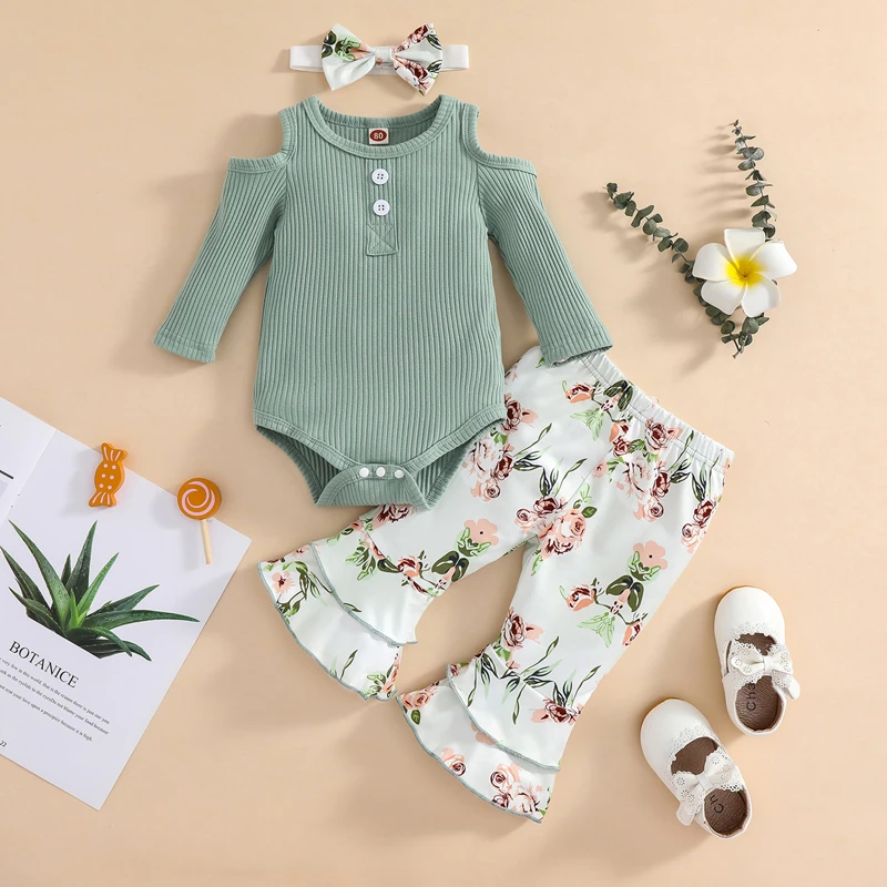 Baby Clothing Set for girl FOCUSNORM 3pcs Newborn Baby Girls Clothes Sets Off Shoulder Long Sleeve Solid Romper+Floral Flare Pants 0-18M baby clothes in sets	