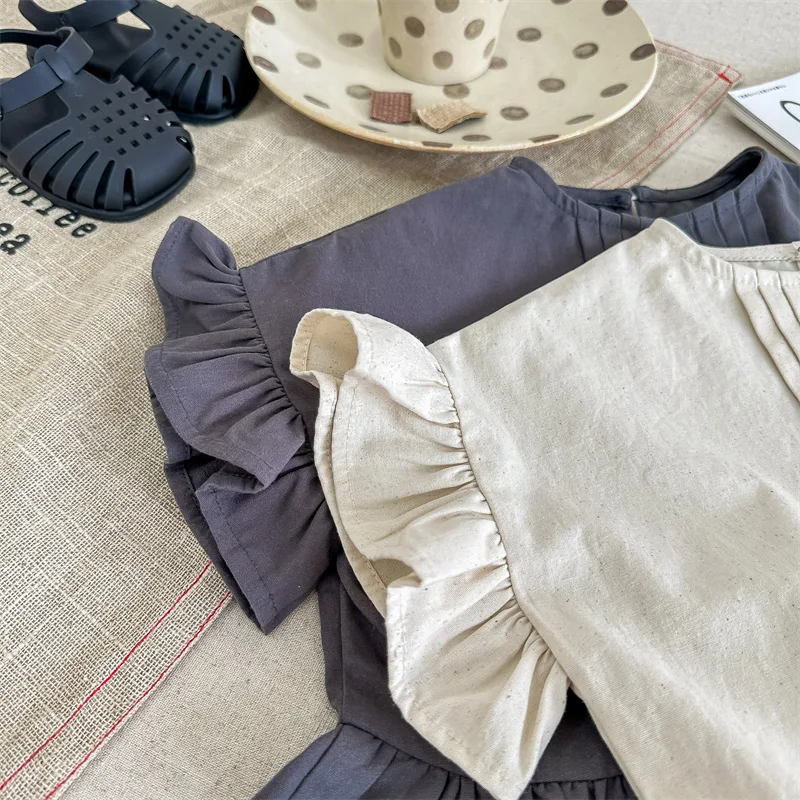 deer jonmi Summer Korean Style Baby Girls Cotton Ruffles Blouses Solid Color Puff Sleeve Tops Toddlers Kids Casual Shirts