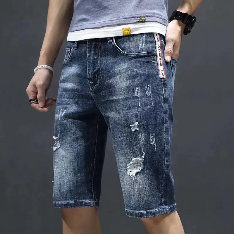 Pantalones cortos de mezclilla para hombre, pantalones vaqueros cortos rectos para hombre, pantalones vaqueros vintage de estilo hip hop, ajustados, finos, groseros, de diseñador, desgastados, corte X