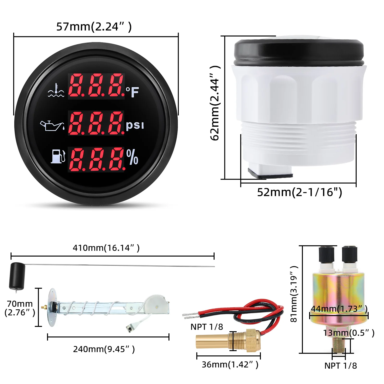 3 in 1 자동차 게이지 52mm 방수 다기능 연료 게이지 오일 압력 수온 게이지 9-32V 센서 빨간색 백라이트