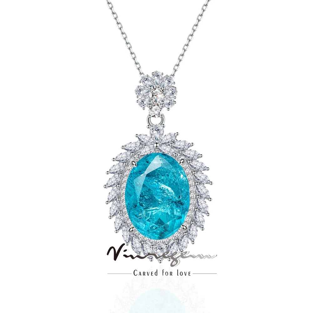 

Vinregem 11CT Oval Lab Created Paraiba Tourmaline Emerald Gemstone Women Necklaces Pendant Vintage 925 Sterling Silver Jewelry