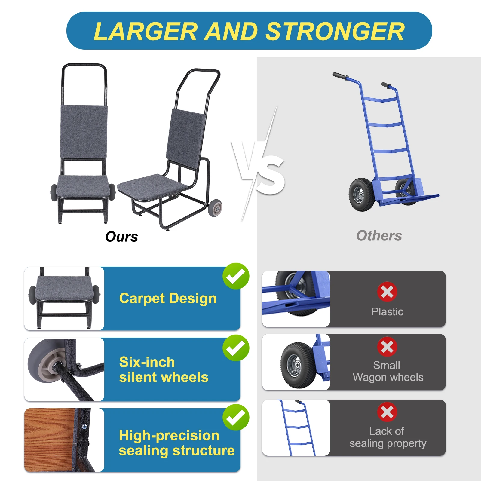 Thickened Chairs Transporter Multifunctional Metal Pull Cart Wear Resist Chair Transport Vehicle for Party Event Activities