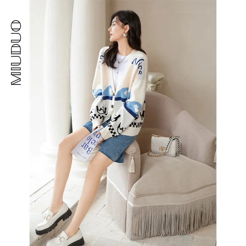 

Женский вязаный кардиган, свободный свитер с длинным рукавом и v-образным вырезом, осень 2023