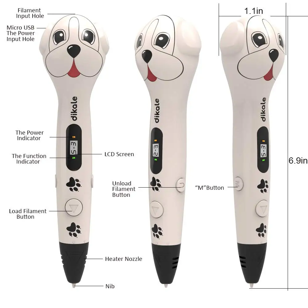 3D Printing Pen, Cute Dog OLED Screen 3D Pen, Printer Pencil with free 3M * 12Colors PLA Filament, DIY Hobbies Toy