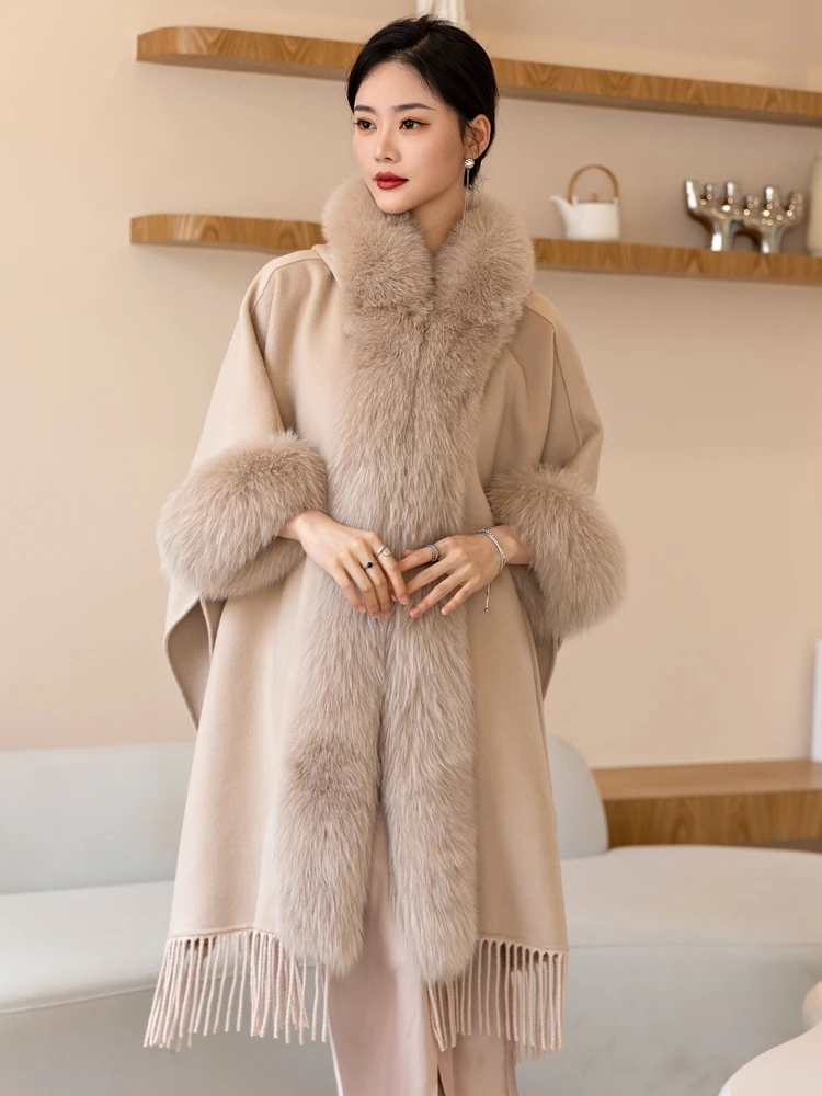 

CX-B-P-82 Luxury Real Fox Fur Trimmed Cape Wool Blender Hooded Women Poncho