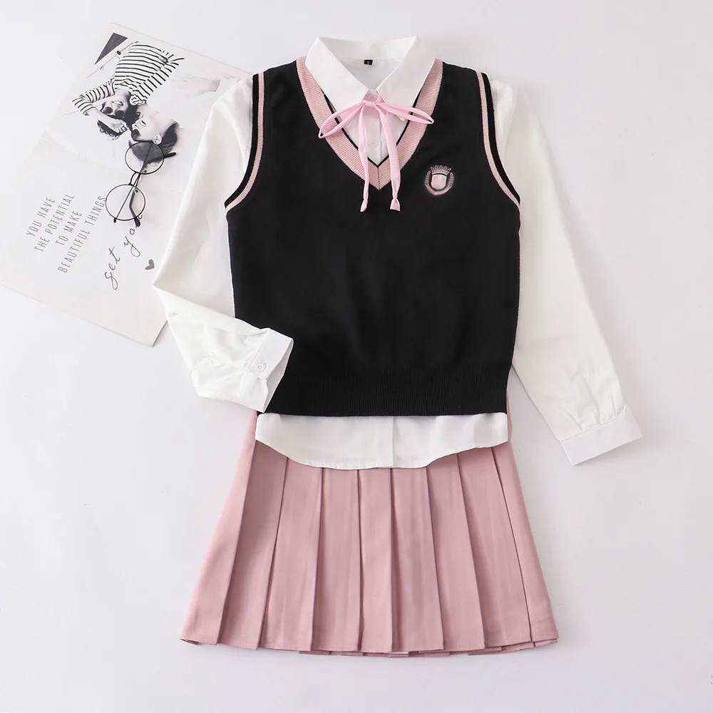 Adult Japanese Korean Student School Dresses JK Uniform Suits Autumn Top Shirt + Sleeveless Sweater Vest + Pink Pleated Skirt