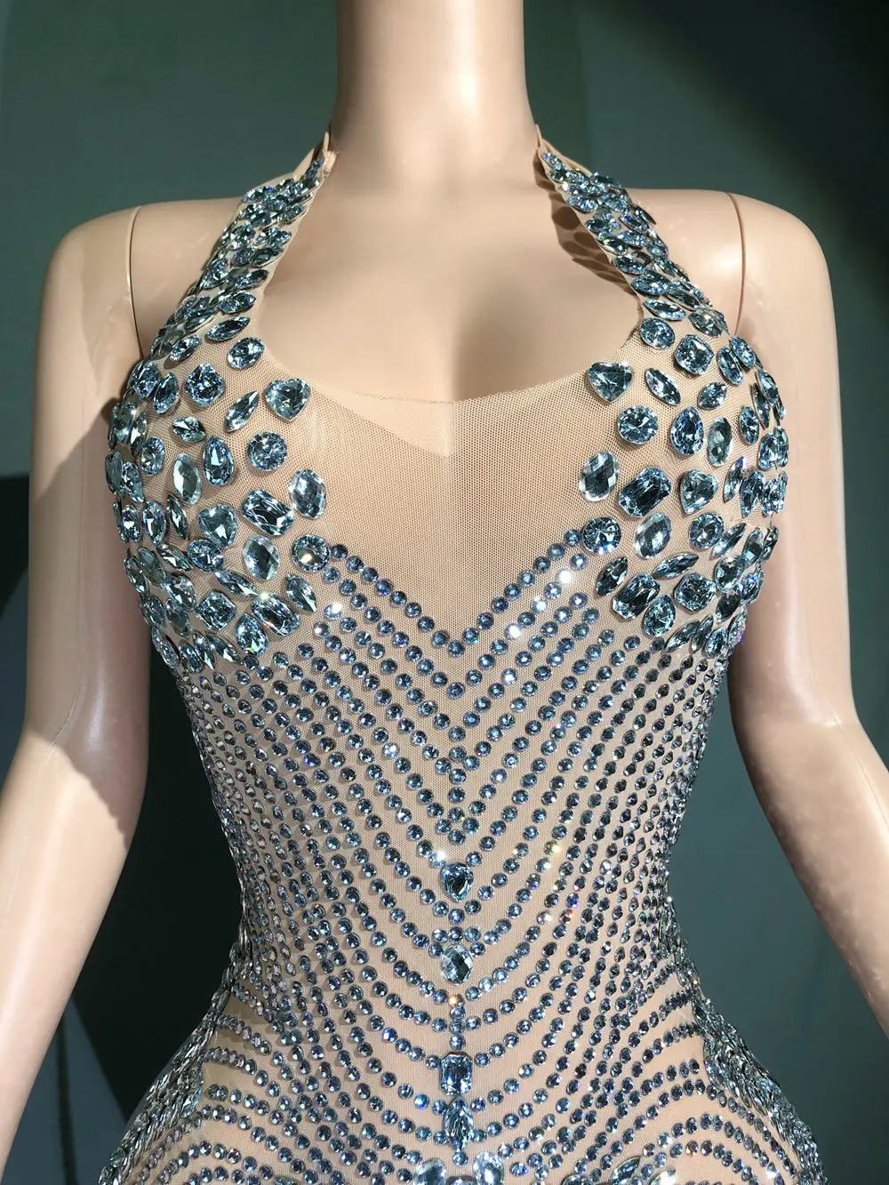 Rhinestones Dress Sparkly Evening Prom Birthday Sexy Halter Backless Mesh Velvet Short Performance Stage Wear