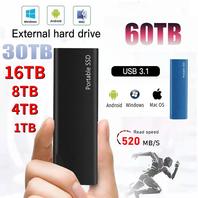 정품 휴대용 외장 하드 드라이브, 2TB 128TB 모바일 솔리드 스테이트 드라이브, USB 3.1 외장 하드 디스크, SSD, 노트북, 맥 