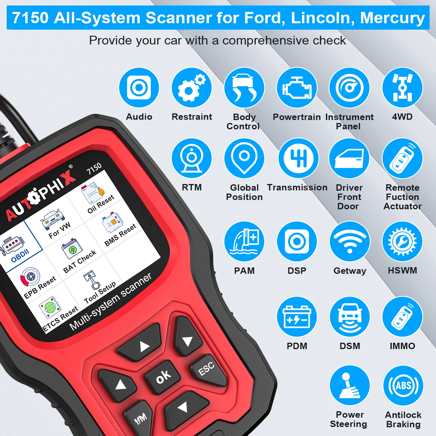 Autophix 7150 Fit For Ford OBD2 Scanner Full System Code Reader ABS SRS TPMS ETC D.PF Reset Diagnostic Tool Multilingual 2