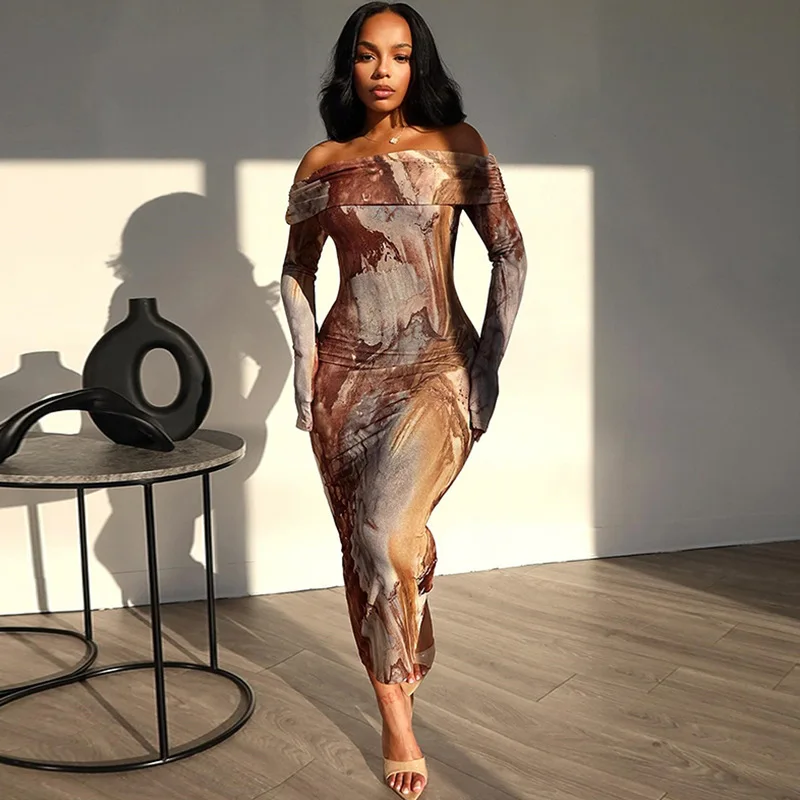 Spring New Women's Off-shoulder One-word Collar Long-sleeved Bodycon Dress Fashion Tie-dye Slim-fit Autumn Women's Casual Dress