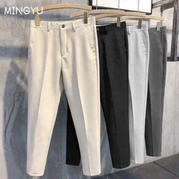 남성 슬림 작업 조깅 사교 정장 바지, 가을 겨울 발목 길이 바지, 남성 브랜드 카키 블랙 한국 플러스 사이즈 40 42